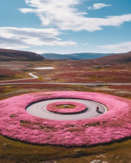 motorbike racetrack with pink flowers