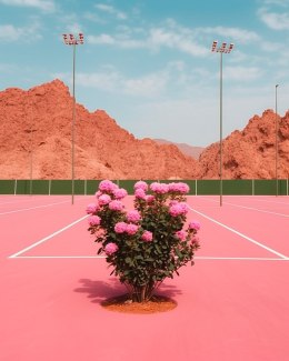 pink flowers growing on tenniscourt