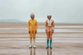 two jockeys in strange outfits standing in a rainy desert 