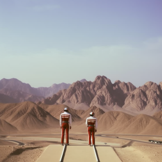 two ski jumper standing in the desert