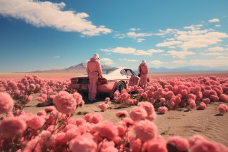 two men with pink overalls standing beside their racingcar in trhe desert