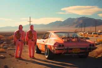 two men in racingoveralls standing beside their racingcar somewhere in a desert